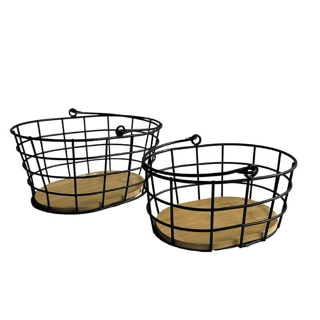 2 Pack Canastas de Acero Negro Mate con Fondo de Bambú y Asa ARTE MARRON