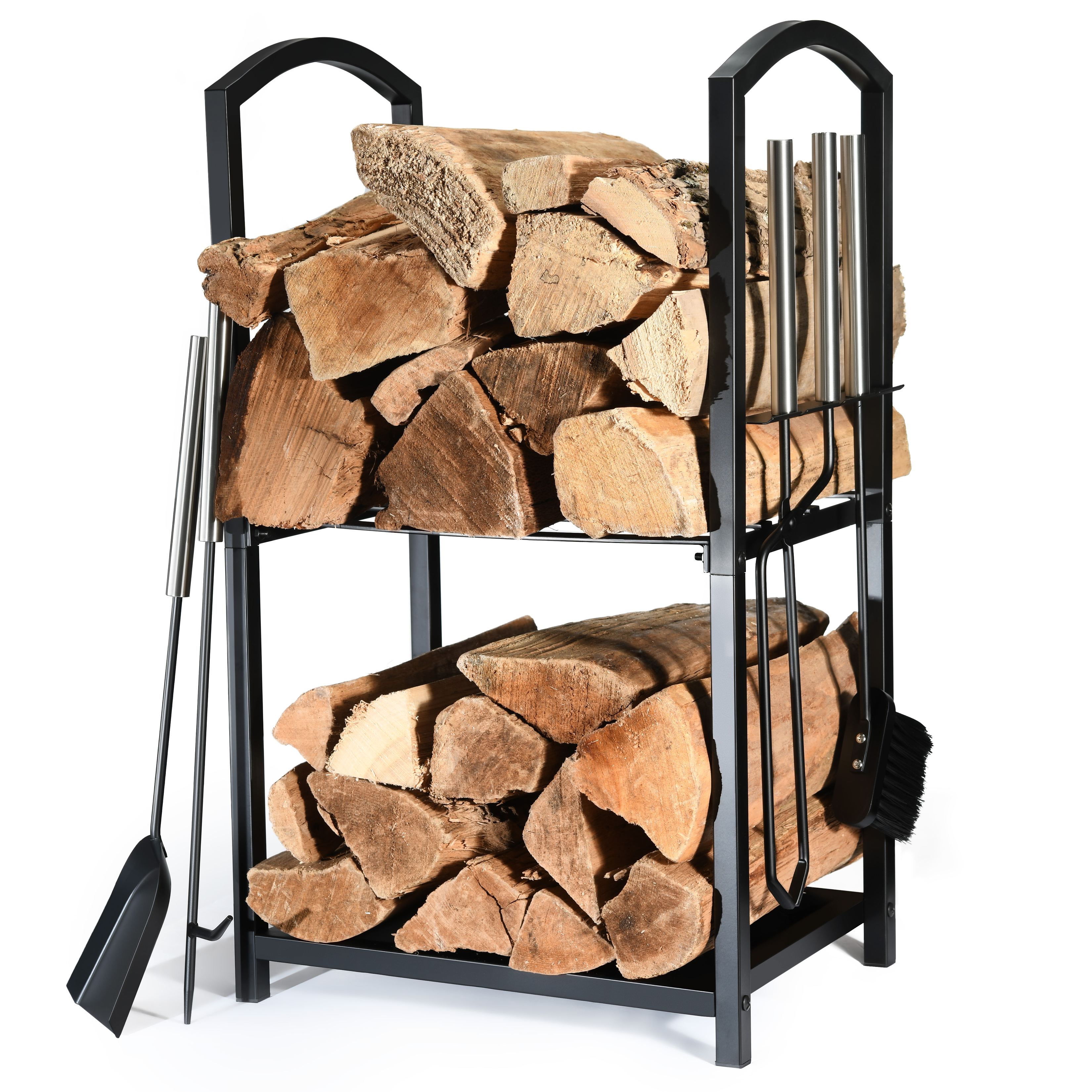 Firewood Rack 2 Tier Outdoor Holder 4 Hanging Hooks For Fireplace Tools