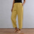 thumbnail image 6 of Women's Stacked V Hem Trousers, High Waist Casual Slub Cotton Line Pants with Elastic Waistband, Relaxed Fit Long Pants for Daily Wear, Vacation and Loungewear Gold XXL, 6 of 9