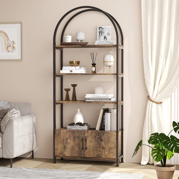 Eastvita 4-Tier Arched Bookshelf with Doors for Storage - 715in Tall Industrial Book Shelf with Sturdy Metal Frame Open Shelves - Freestanding Display Shelf for Office