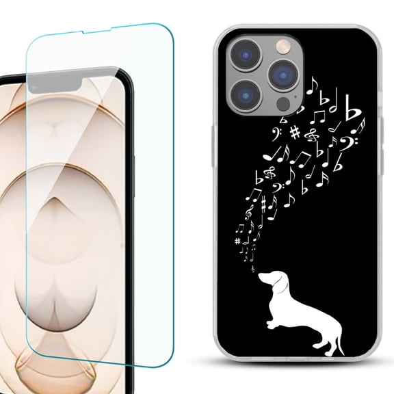 OneToughShield ® for iPhone 15 Pro Max Shockproof Fashion Phone Case, with Tempered Glass Screen Protector - Dachshund/Puppy Music