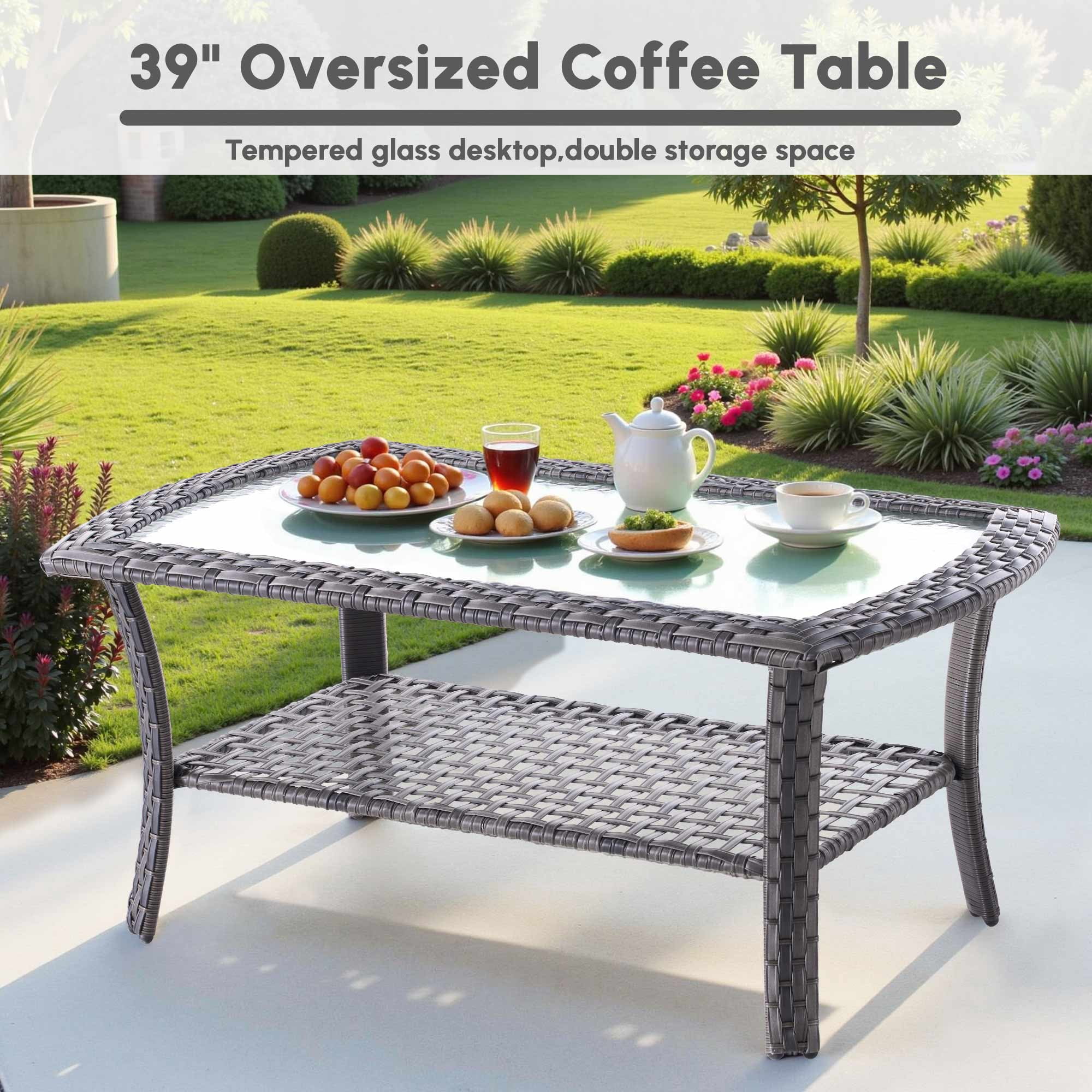Ovios 4 Pieces Wicker Outdoor Patio Furniture with Coffee Table High Back All Weather Rattan Outdoor Sectional Conversation Set for Backyard Porch Garden, Dark Gray