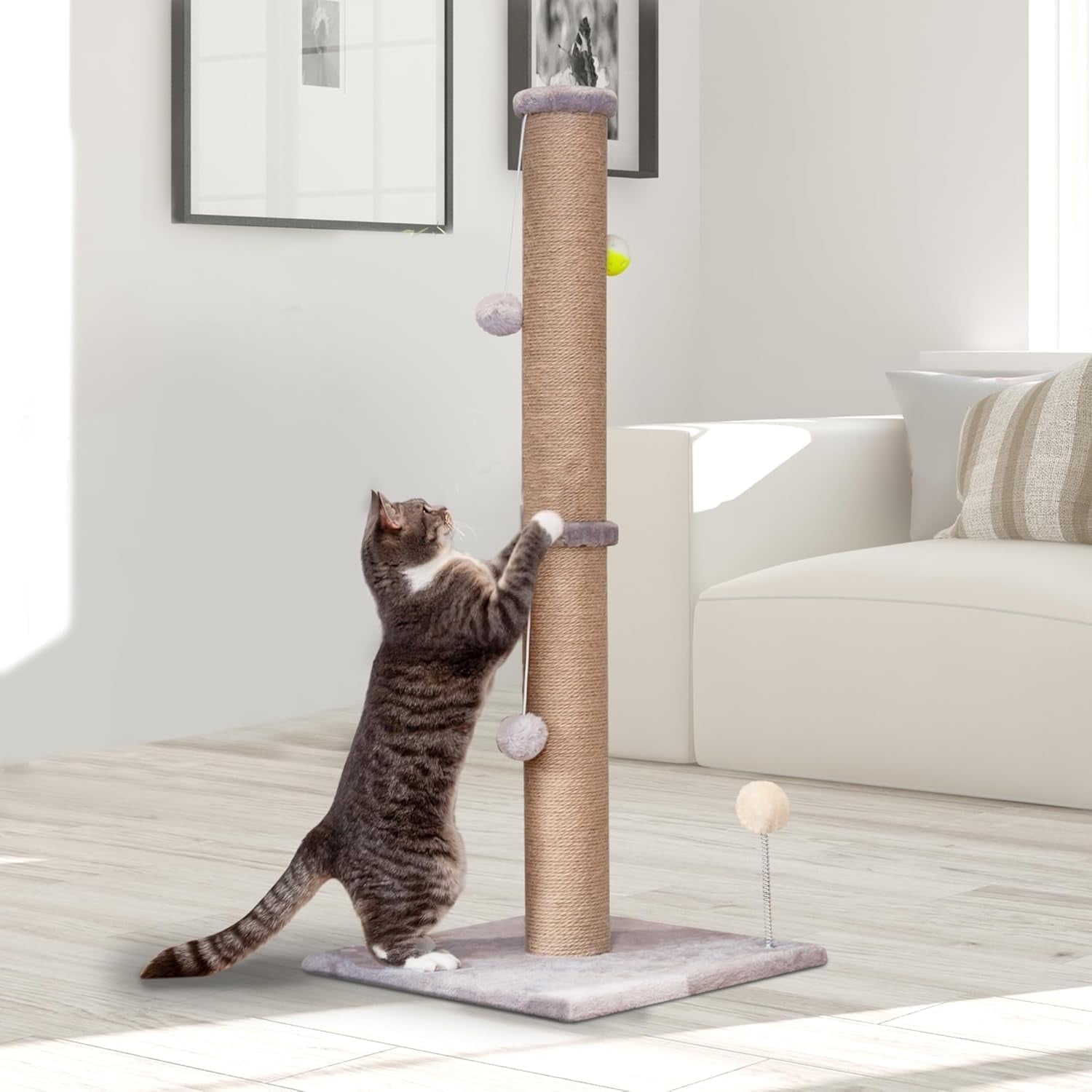 PELUOMOZ Cat Scratching Post 36 in Natural Sisal Rope Scratch Tower with 3.6 in Post and Interactive Toy Gray