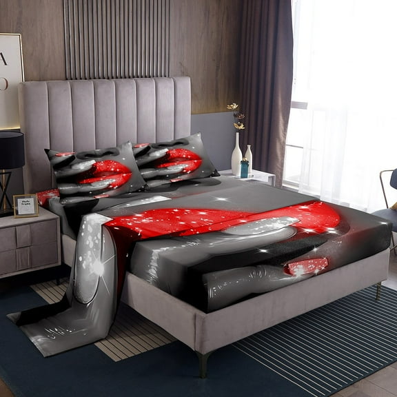 Erosebridal Glitter Lips Sheet Set Twin,Bling Sparkling Bedding Sets Twin Size,Grey Red Twin Sheet Sets,Ultra Soft Sparkle Room Decoration,3pcs