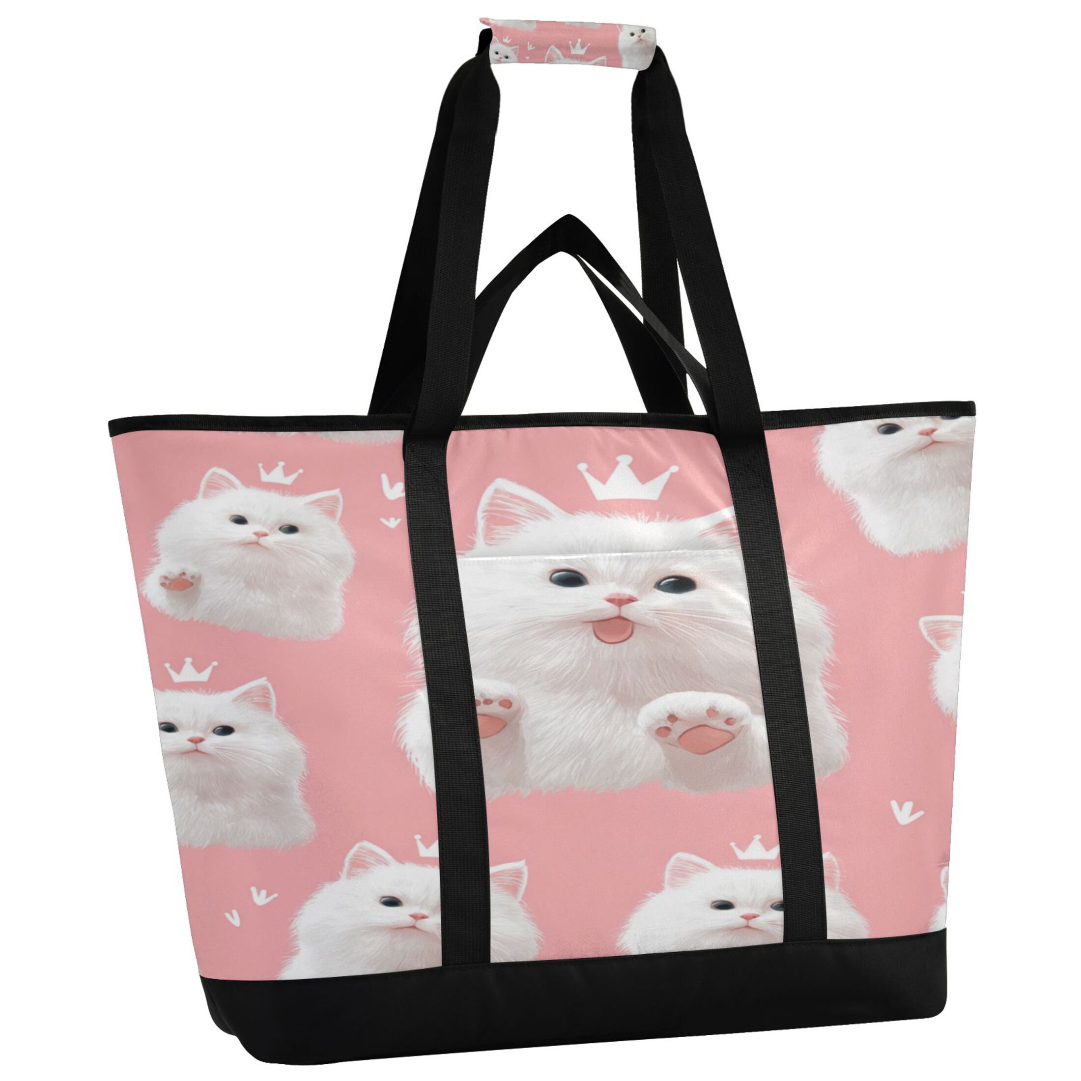 Extra-Large Wide Opening Design Capacity Hand-Held Ice Pack Thickened Insulation Layer For Long-Lasting Cold Retention For Outdoor Shopping Picnics And Camping Happy White Cat Face