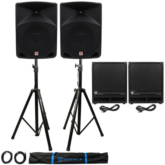 (2) Rockville RPG10 10" Powered 600W DJ PA Speakers (2) Subs Stands Cables Bag