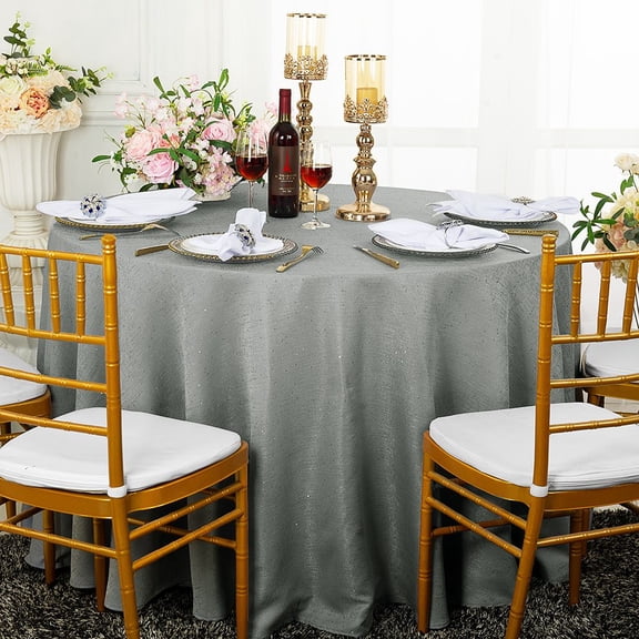 Wedding Linens Inc. 132" Round Paillette Poly Flax / Burlap Sequins Hessian Tablecloths Table Covers for Wedding Party Events Luxury Décor use - Silver