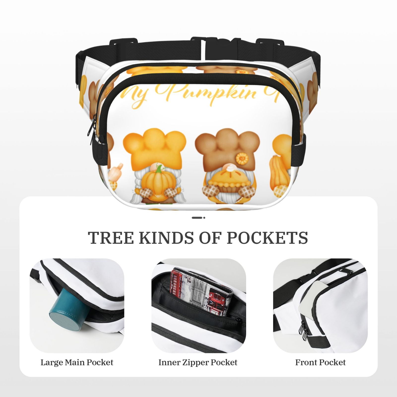 Picia Pumpkin Pie Gnome Print Square Double-Layer Waist Bag Mini Adjustable Waist Belt Bag Exercise Running Travel Hiking