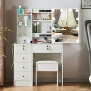 Yamissi Makeup Vanity with 10 Light Bulbs and Charging Station, Vanity Desk with Lighted Mirror & 5 Drawers Chest, Vanity Table Set with Cushioned Stool, for Bedroom, White