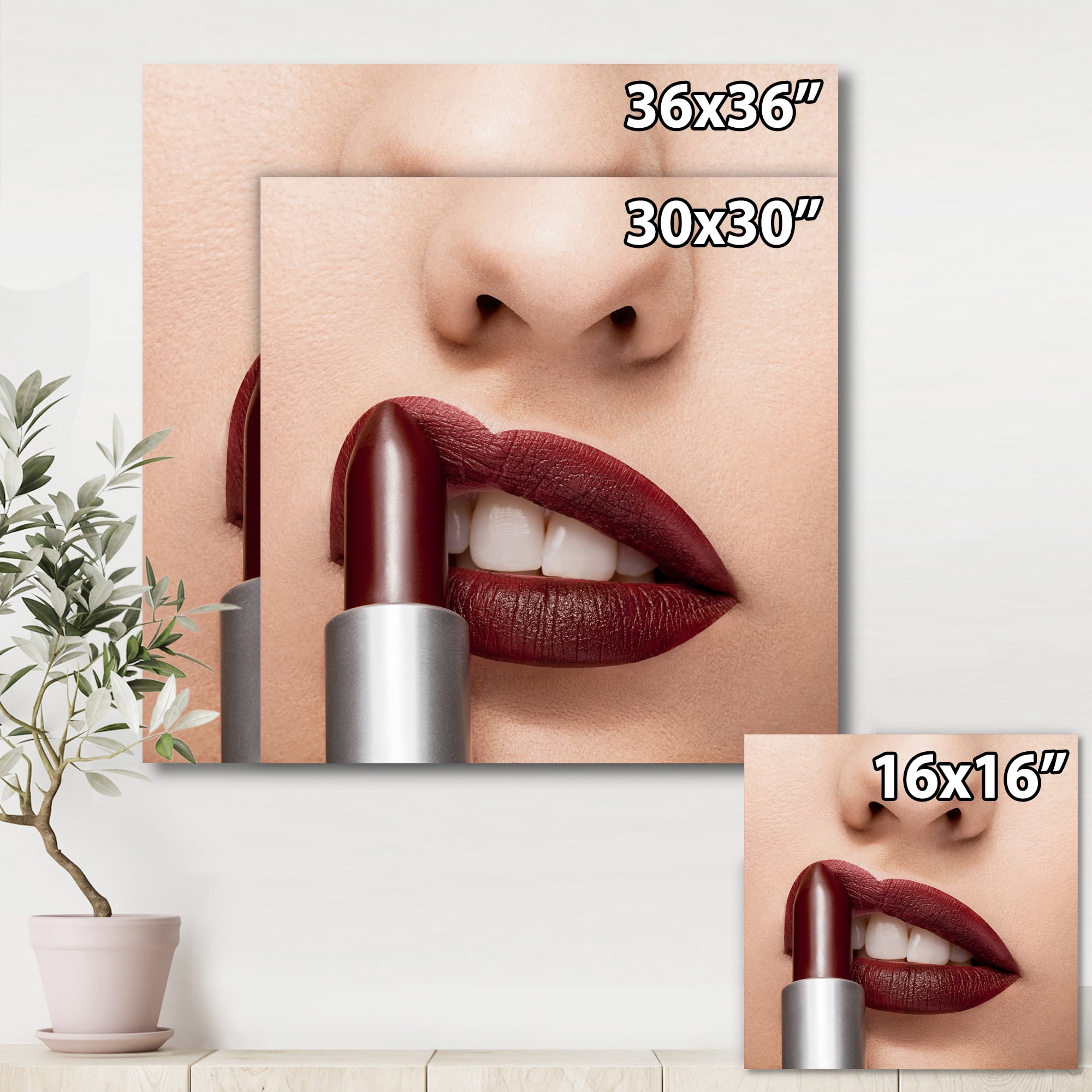 Designart ' Red Lipstick Getting Applyed On Woman Lips ' Modern Canvas Wall Art Print