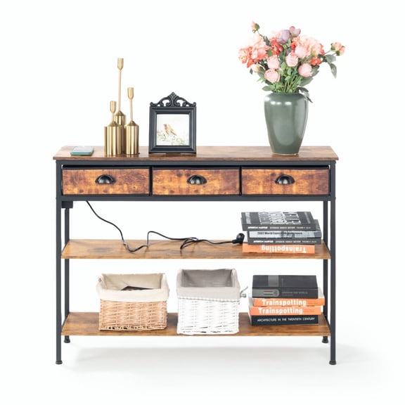 Auto Beyond Entrance console table with three drawers, power outlet, and USB ports. Slim sofa table with storage shelf. Suitable for living rooms and hallways（Brown）