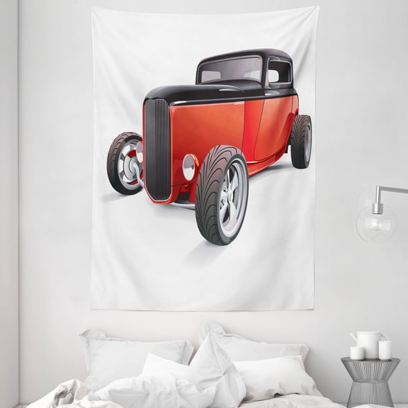 Cars Tapestry, Nostalgia Red Hot Rod American Culture Retro Revival Classics Collector's Car, Wall Hanging for Bedroom Living Room Dorm Decor, 60W X 80L Inches, Red Black White, by Ambesonne