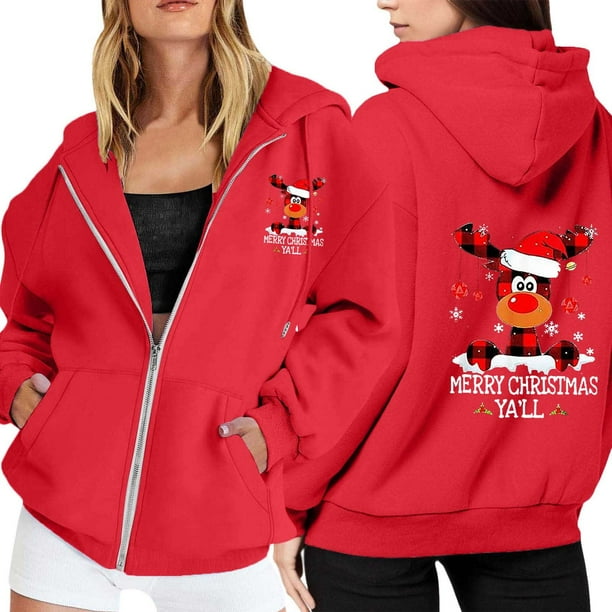 WILLBEST Sudadera con Capucha para Mujer, Estilo Casual, con Estampado Navideño, Cremallera, Manga Larga, Bolsillo y Cordón Ajustable XX-Grande