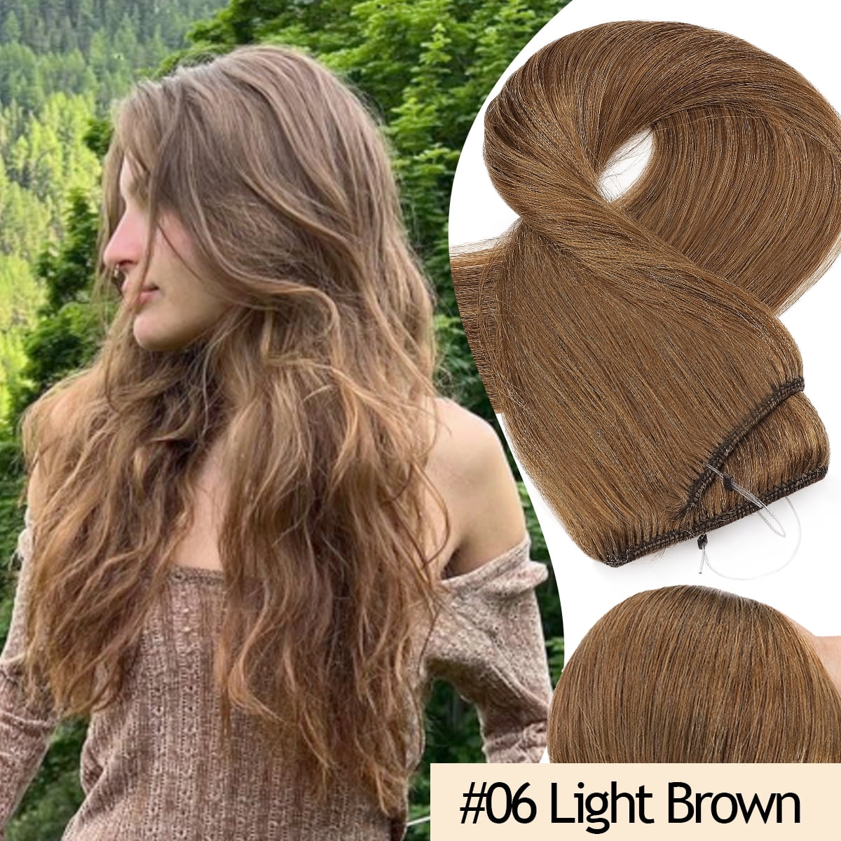 HAIRRO Wire Hair Extensions 100% Real Human Hair Straight Hair Extensions Invisible Wire Fish Line Hair Extensions Ash Brown and Bleach Blonde 20inch 110g Straight Hair Extensions For Women