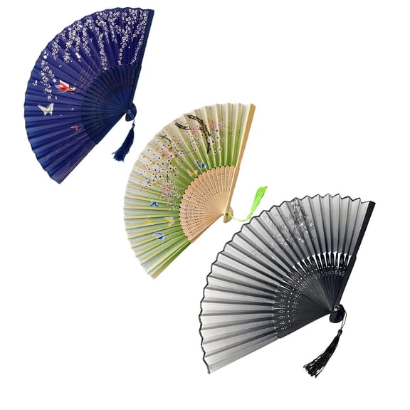 WJJIAO 3 Pieces Handheld Folding Fans, Oriental Folding Fan for Ladies, Silk Folding Fans with Bamboo Frames for Dancing Wedding Party Props Decoration