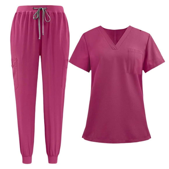 Xuanheng Women Scrub Uniform Set Top and Jogger Pants for SPA Cosmetology Pet Groomer Pink