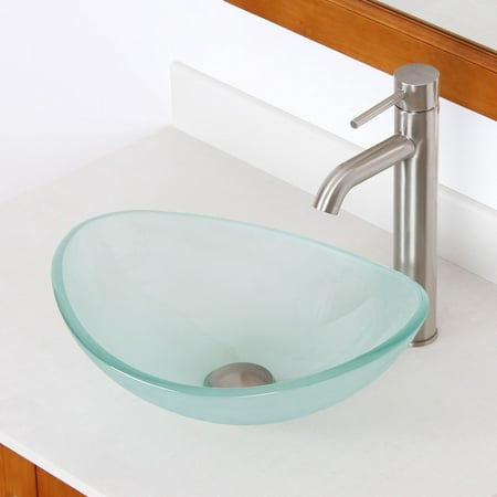 Elite Unique Oval Frosted Tempered Glass Bathroom Vessel Sink With Faucet Combo