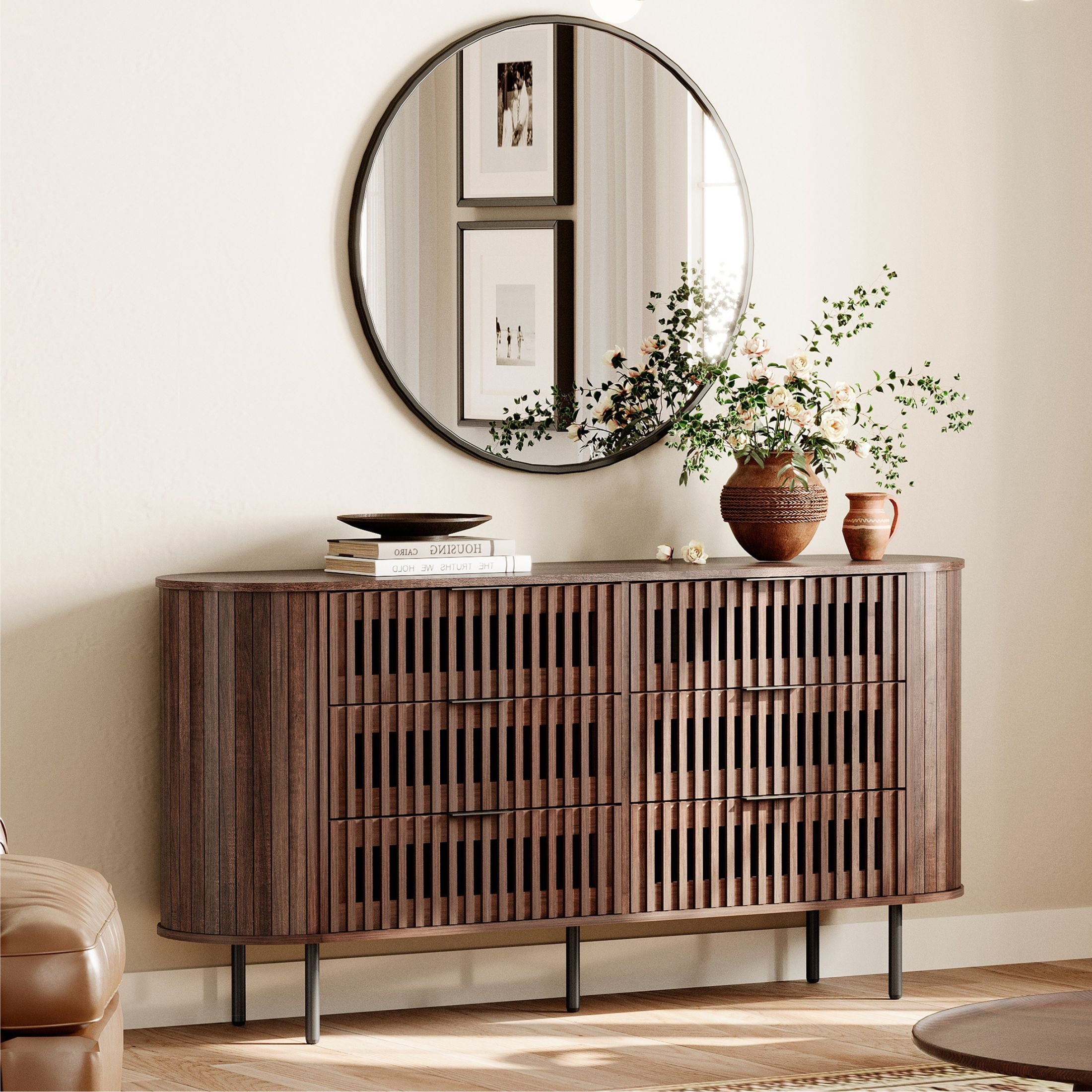 FITUEYES Fluted 6-Drawer Dresser, Wooden Storage Chest for Bedroom, Living Room & Entryway, Walnut