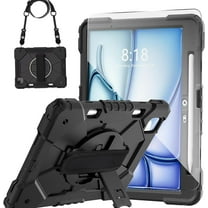 SOATUTO Case for iPad Air 11 Inch M3 M2 2025 2024 Heavy Duty Rugged Durability Silicone Cover with 360° Rotating Hand Strap, Stand,Shoulder Strap & Screen protector (Black/Black/1 PC)