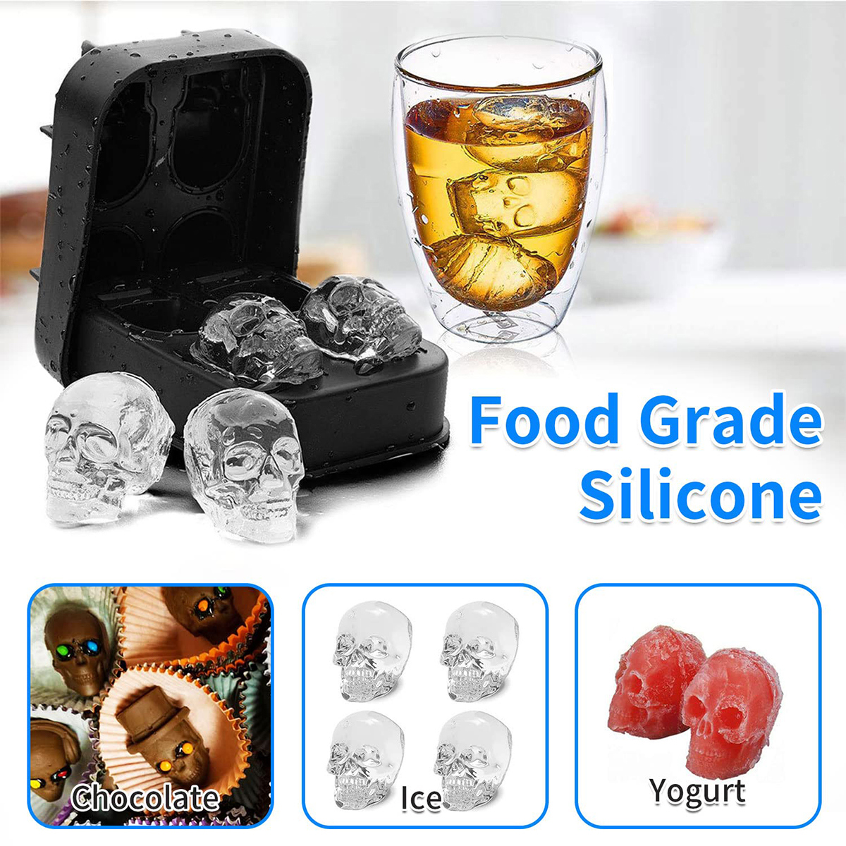 CIPACHO Silicone Ice Mold Set of 2, Whiskey Ice Skull Mold Trays Set with Lids and Funnel