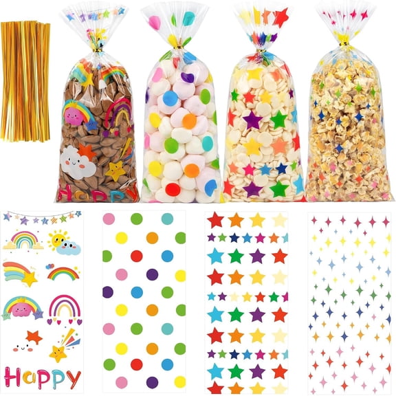 50 count Rainbow Cellophane Bags: Clear Goodie Bags with 60 Twist Ties for Birthday Party Favors Wrapping, Durable Clear Plastic Bag for Candy Cookies Classroom Return Gifts