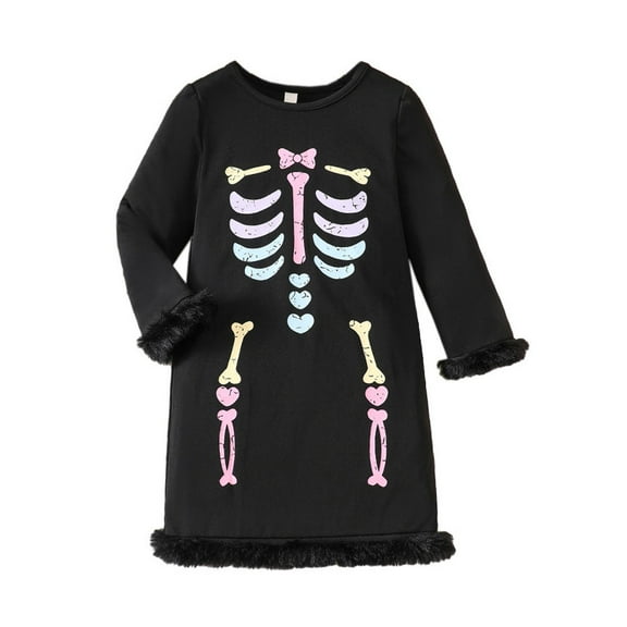 Likimi Toddler Kids Girls Halloween Dress Skeleton Print Long Sleeve Crewneck Dress Fashion Relaxed Soft Spring Fall Clothes Size 2-3 Years Black