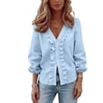 thumbnail image 2 of Jsaierl Women's Casual Solid Color Ruffle Collar Long Sleeve Ruffle Shirt Blouse V Neck Peasant Sleeve Button Down Shirt Tops, 2 of 9