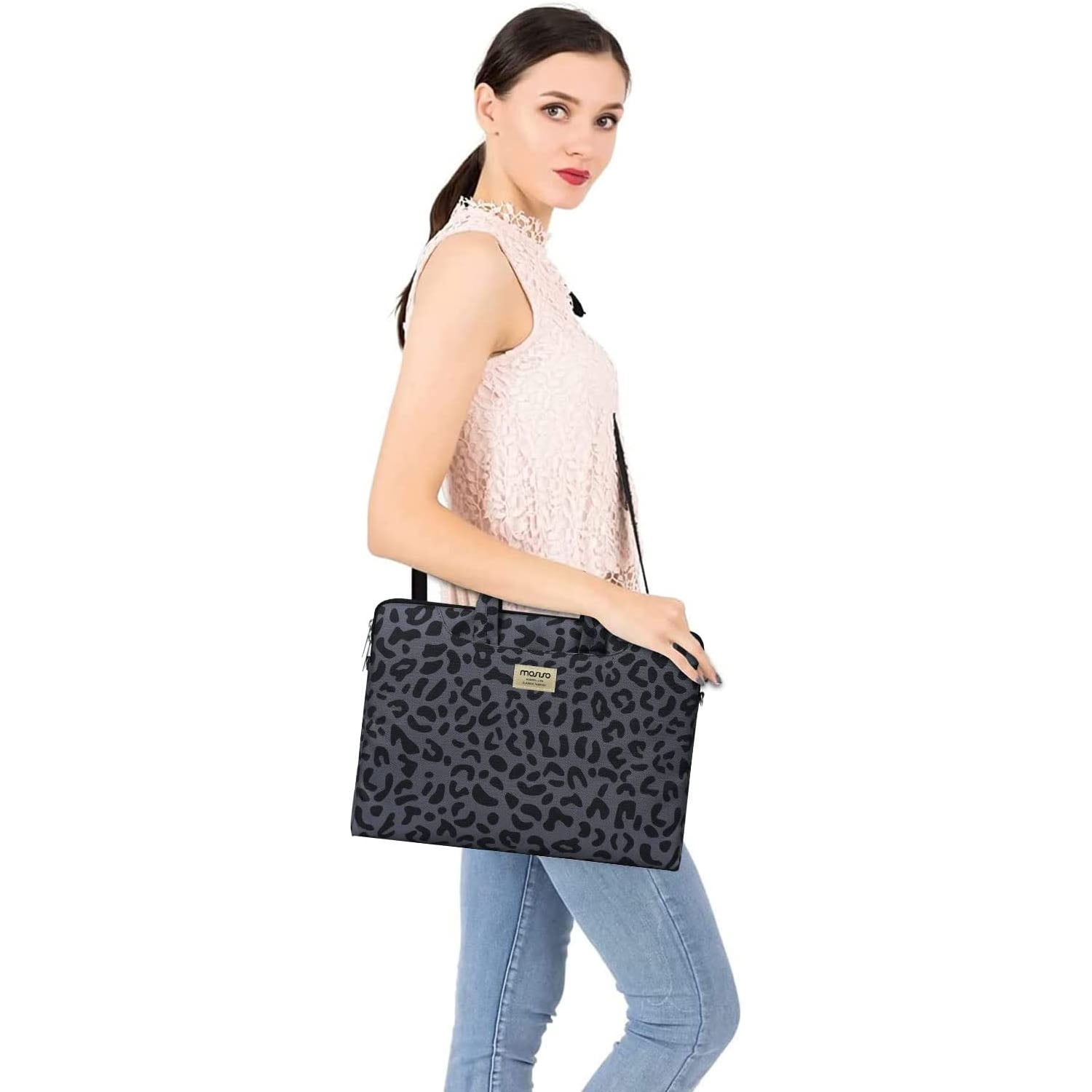 Mosiso 15.6 inch Laptop Shoulder Bag Compatible with MacBook Pro 16 inch 2023-2019 M2 A2780 M1 A2485 Pro/Max A2141/Pro Retina 15 A1398,,Leopard Grain Briefcase Sleeve with Belt for 15-15.6 inch Notebo