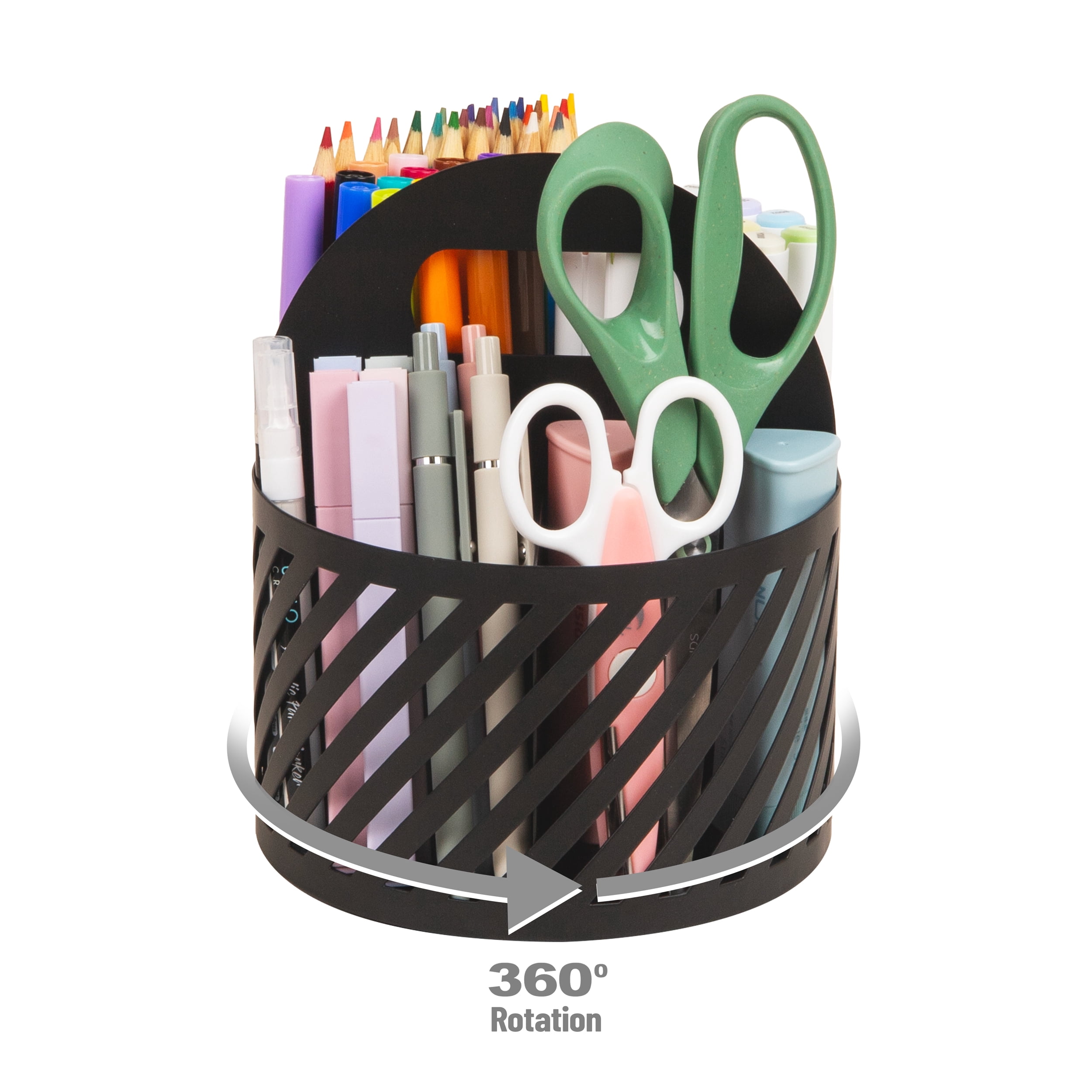 Mind Reader Round Metal Desktop Carousel Organizer with Handle, Four Compartments, Office Supplies and Accessories, Metal, Black