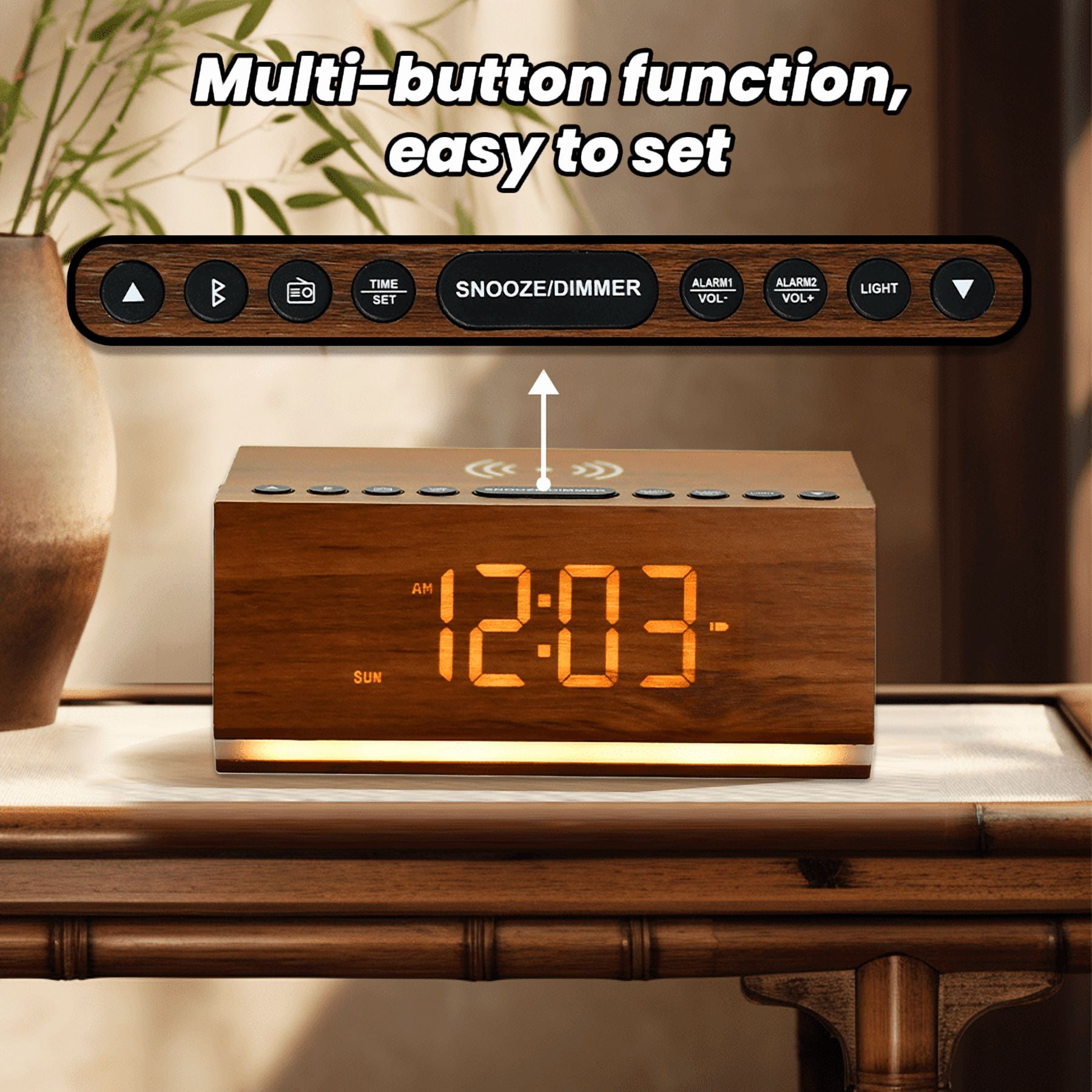 Party Atmosphere Assistant Wood Grain Display Bluetooth Speaker – FM Radio & Bluetooth Alarm Clock, Wireless Phone & USB Charging, Built-in Power System for Long Use During Outages