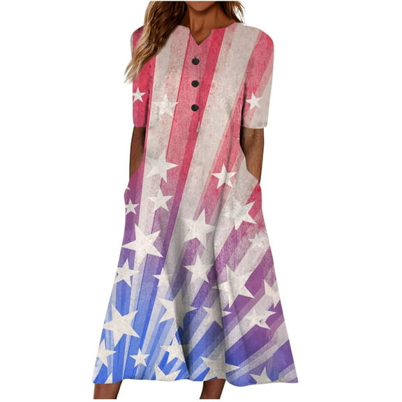Wycnly Summer Dresses for Women Independence Day Casual Pocket Loose Swing Patriotic Tunic Long Dresses with Pocket 2025 Short Sleeve V-Neck Star Flag Print Maxi Formal Dress Pink l