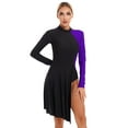 thumbnail image 2 of iiniim Women Color Block Latin Ballroom Dance Mock Neck Side Split Asymmetrical Hem Dress Purple M, 2 of 7