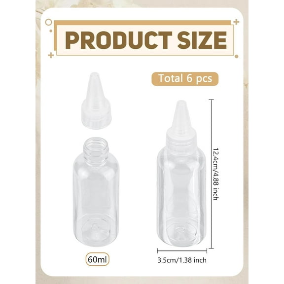 6Pcs Plastic Empty Bottle Pointed Mouth Top Cap Small Clear Empty Squirt Bottles Small Dispensing Bottles for Paint Art Lotion Glue Liquids Travel and Crafts 12.4x3.5cm Capacity: 60ml(2.03fl. oz)