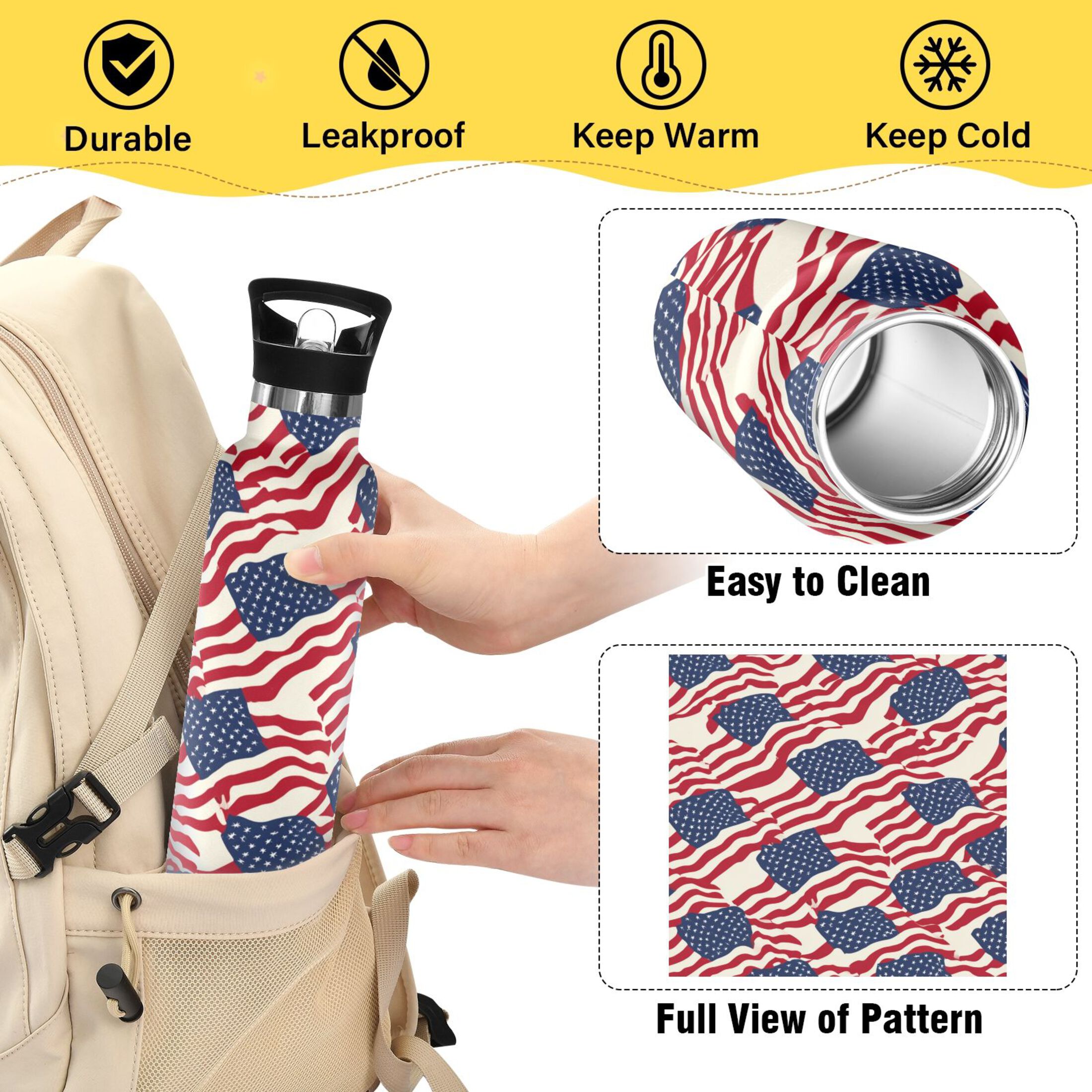 Kids Insulated Stainless Steel Sports Water Bottle 600ml (20oz) Flags Abstract Design