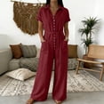 thumbnail image 5 of Bloomae Womens Button Down V Neck Jumpsuits Summer Casual Short Sleeve Loose Fit Wide Leg Overalls Dressy One Piece Belted Rompers with Pockets, 5 of 7
