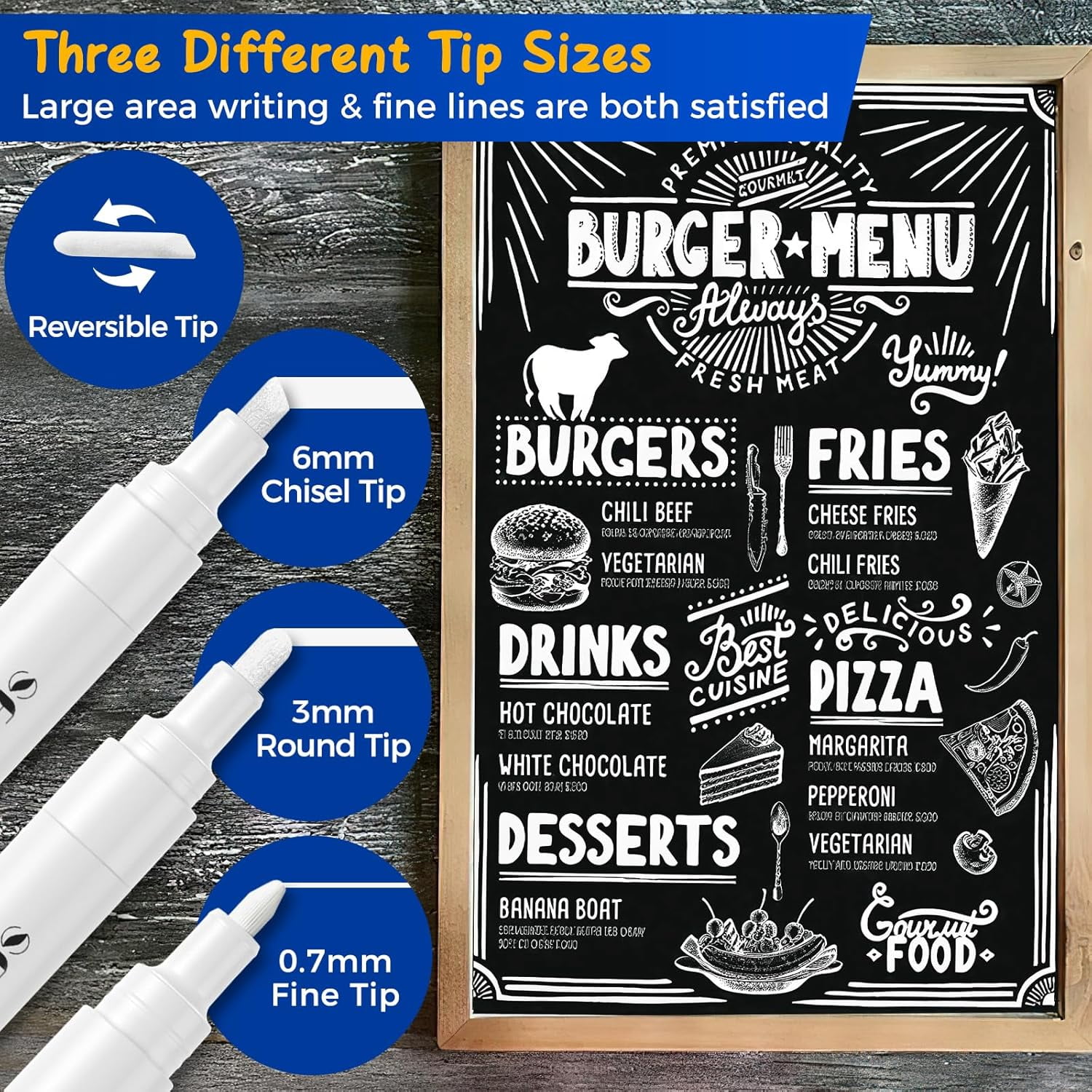 White Liquid Chalk Markers for Blackboard, Glass - [Wet Wipe No Residue] 8 Pack- (4x) 2mm/4mm Reversible & 0.7mm Fine Tip, Ultra Flow Triple-Tips Menu, Bistro, Signs, Windows, Food Labels