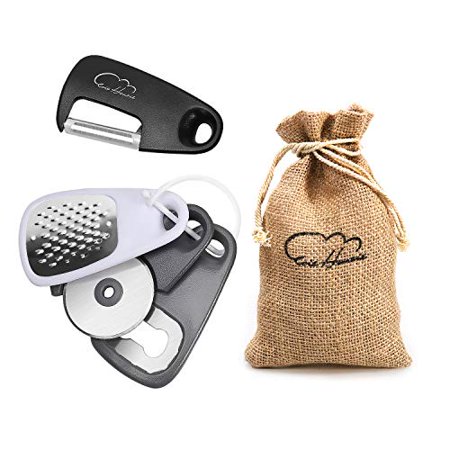 

5 Pieces Kitchen Gadgets Set - Space Saving Cooking Tools Accessories Cheese Chocolate Grater Fruit Vegetable Peeler Bottle Opener Pizza Cutter Burlap Bags with Drawstring Gift Set…