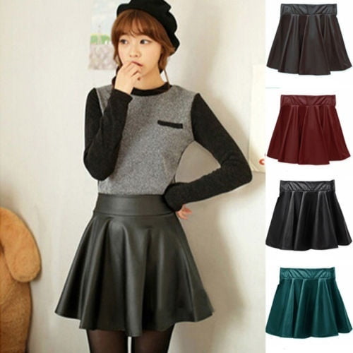 Womens Ladies High Waist Mini Skirts Faux Leather Wet Look Flared Skater  Skirt