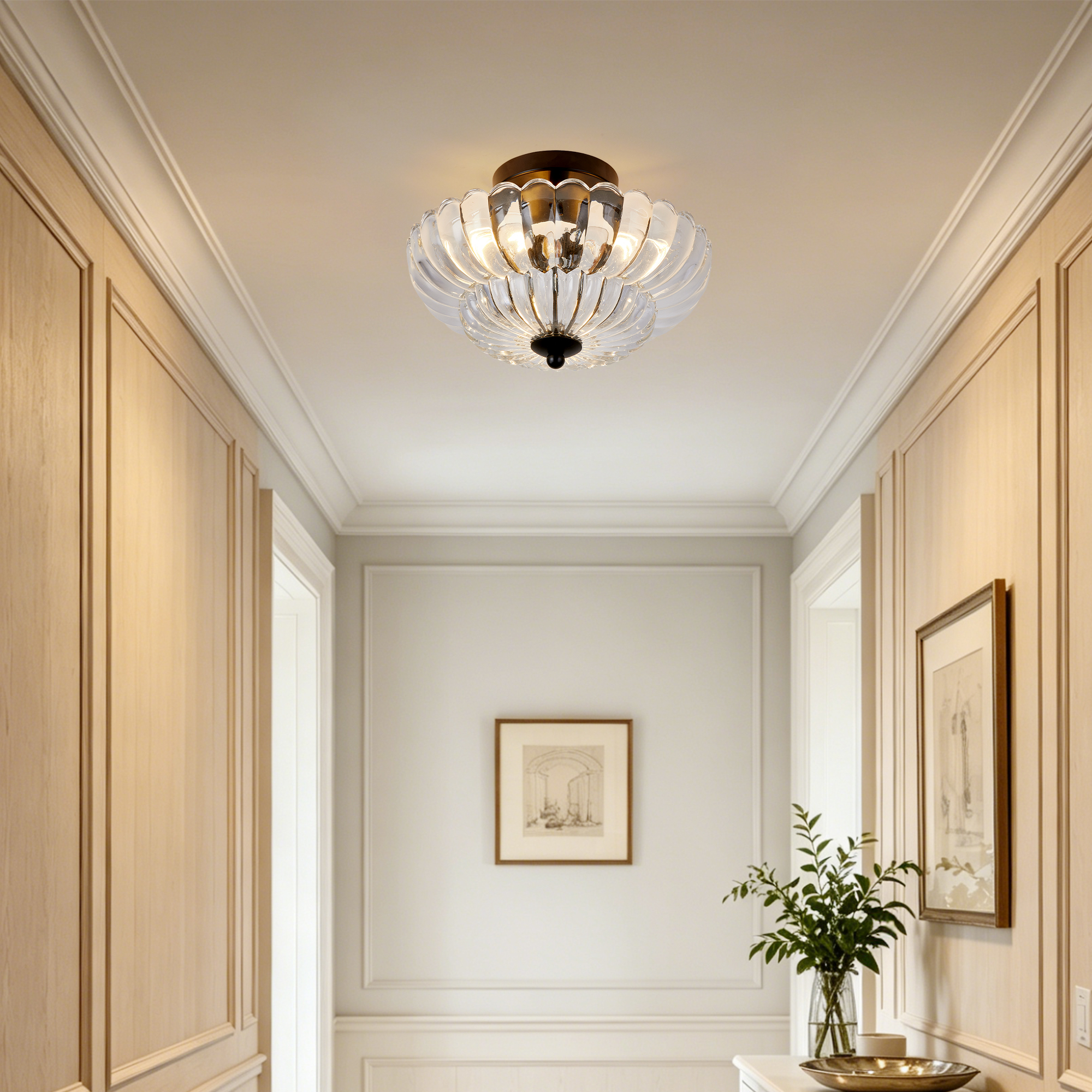 Leumius Semi Flush Mount Ceiling Light, 3-Light Close to Ceiling Light Fixtures with Flower Glass, Vintage Ceiling Lights for Hallway Living Room Kitchen Bedroom Bathroom, Clear+Black
