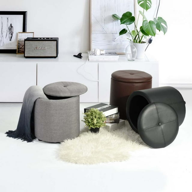 Topcobe Pouf de Rangement, Pouf Rond Polyvalent pour Chambre à Coucher, Pouf en Cuir, Repose-Pieds, Pouf, Gris