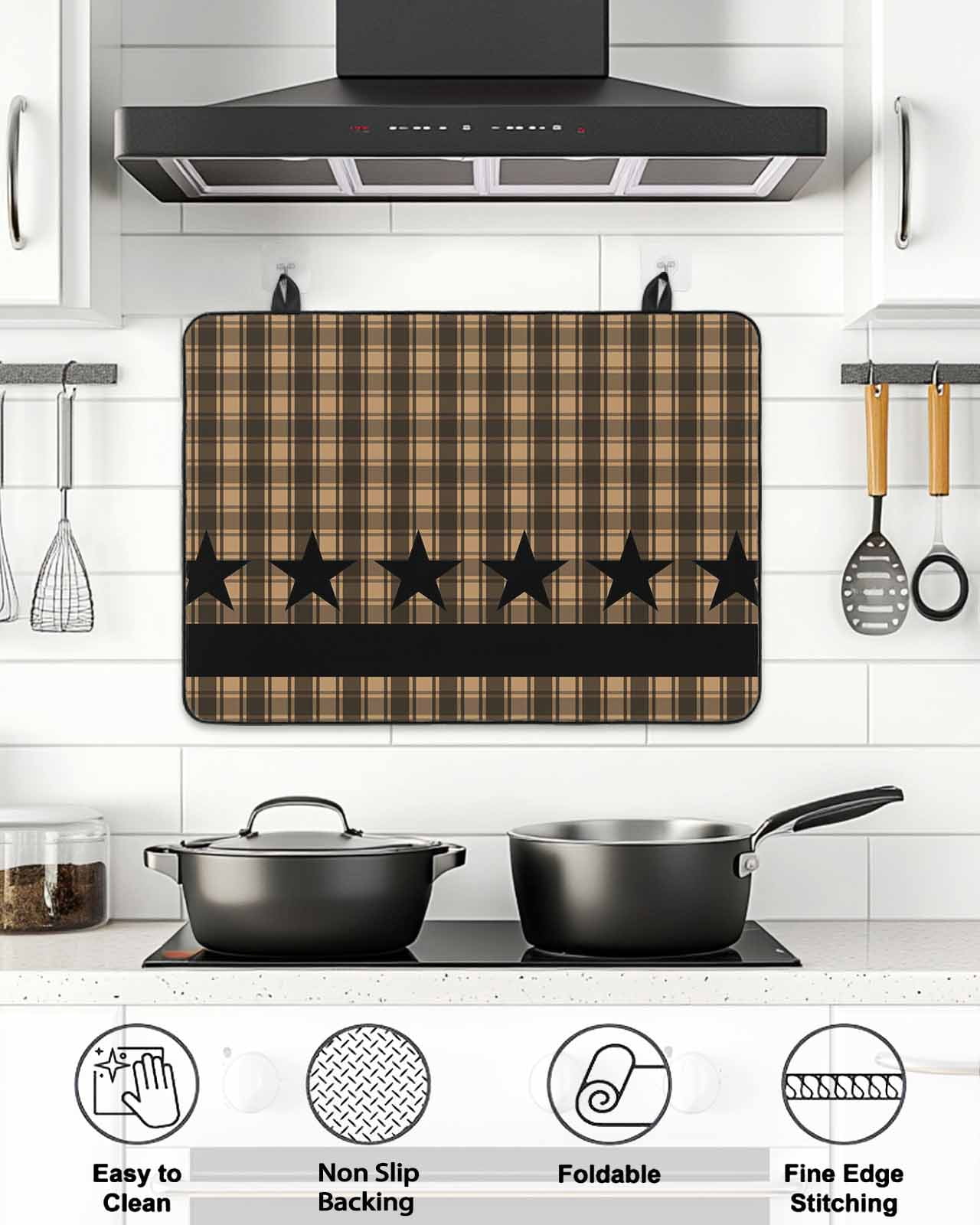 Stove Top Covers for Electric Stove, Brown Black Plaid Glass Stovetop Cover Protector, Vintage Rustic Star Buffalo Check Induction Cooktop Protector Oven Mat for Kitchen Countertop 24"x21"