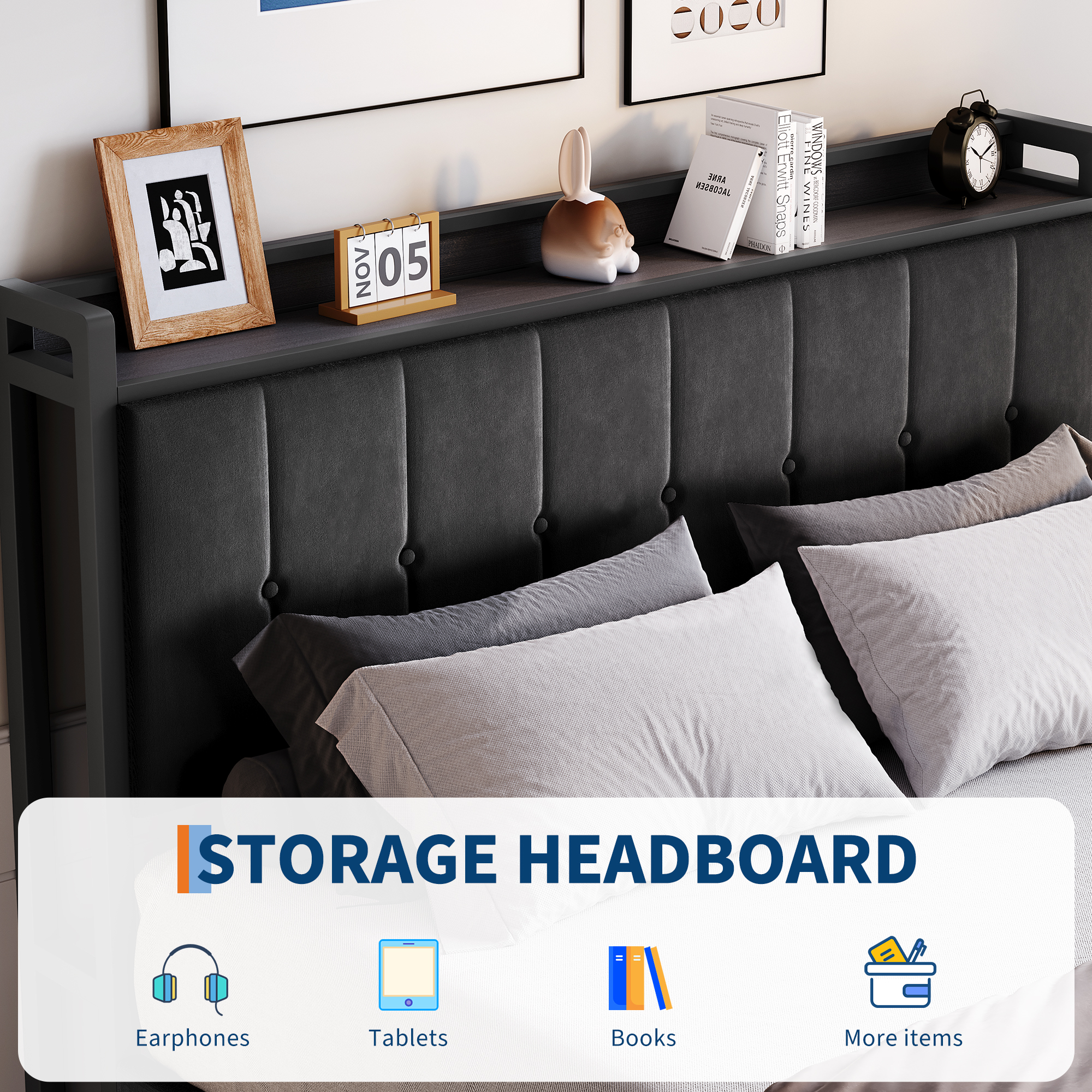 Full Lift Up Storage Bed Frame,Upholstered Platform Bed with Storage Headboard,Hydrualic Underneath Storage,No Box Spring Needed,Easy Assembly