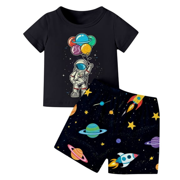 WOYY Toddler Boys Outfits Cartoon Astronaut Print Short Sleeve T-Shirt Shorts Set, Sizes 3-4T