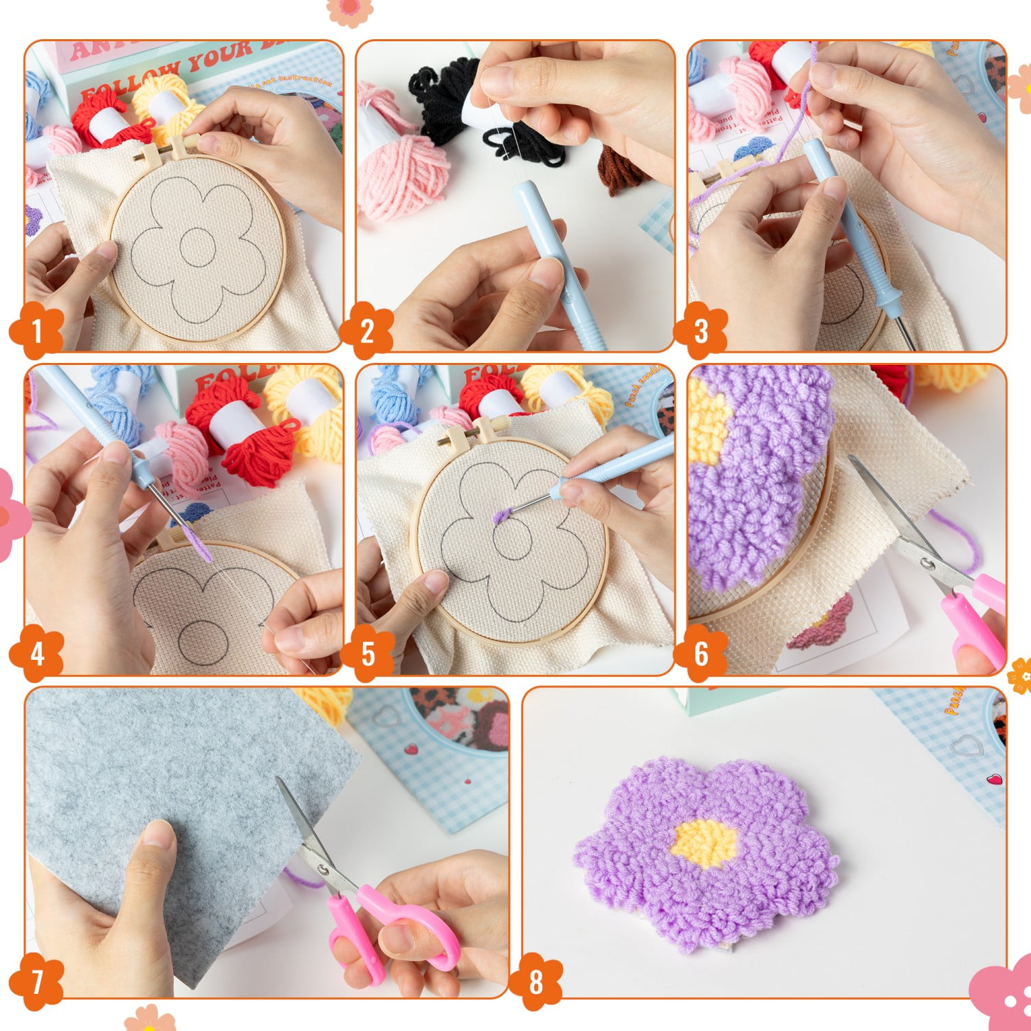 Laffact DIY Flower Punch Needle Coaster Craft Kits for Beginners,Flower Patterns Coaster Tufted Rug Pads,Colorful
