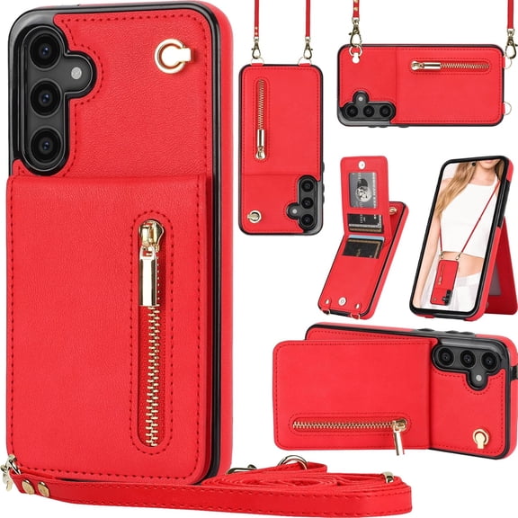 for Samsung Galaxy S25 Zipper Wallet Case with Card Holder, Crossbody Lanyard Purse Cover [Removable Shoulder Strap] with Kickstand for Samsung Galaxy S25 Zip-Red