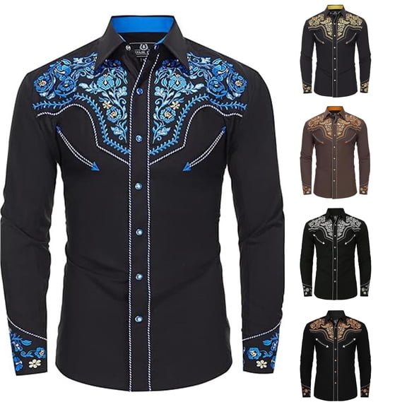 XIAOCHA Mens Western Embroidery Long Sleeve Shirt Tailored Fit Rodeo Button Down Shirts