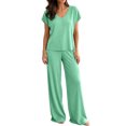 thumbnail image 2 of BRELIL Women's Two Piece Lounge Set V Neck Short Sleeve Tee Wide Leg Pants Casual Matching Outfits Solid Basic Tracksuit for Travel Fall Vacation, Green 2XL, 2 of 6