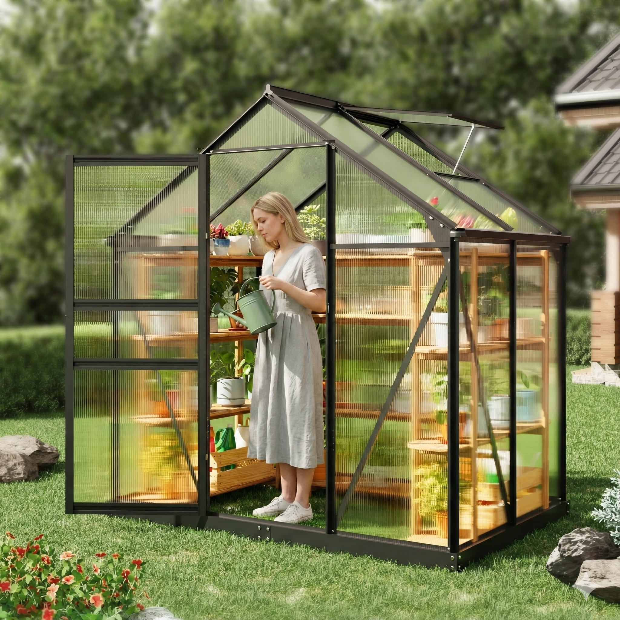 Tomnk woo 6x4 FT Polycarbonate Greenhouse with Roof Vent, Walk-in Aluminum Frame Winter Greenhouse for Outdoor Garden
