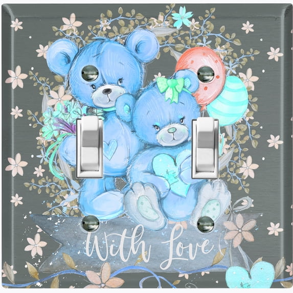 Metal Light Switch Wall Plate Outlet Cover (2 Teddy Bears Blue With Love Heart Balloon Flower - Double Toggle)