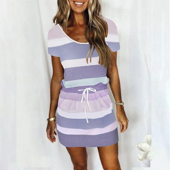 Usmixi Formal Dresses for Women Fashion Elastic Waist Adjustable Drawstring Pocket Short Dresses Crewneck Short Sleeve Striped Print Summer Mini Dress Army Green XXL